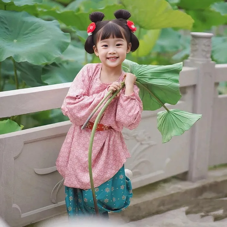 女童唐制复原风圆领腰带裤子汉服秋季儿童小女孩中国风唐装演出服