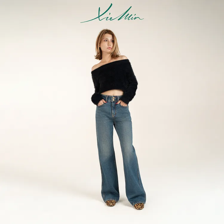 谢敏复古丹宁直筒微喇老钱牛仔裤抖音双11好物