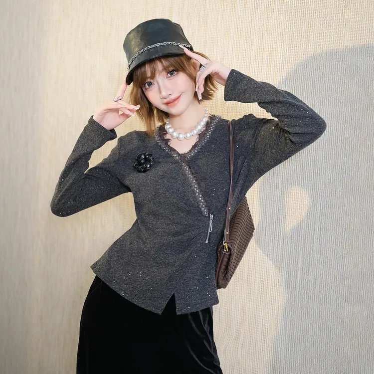 MIUCO法式高端小资针织衫蕾丝边V领烫钻收腰修身绝美上衣女冬