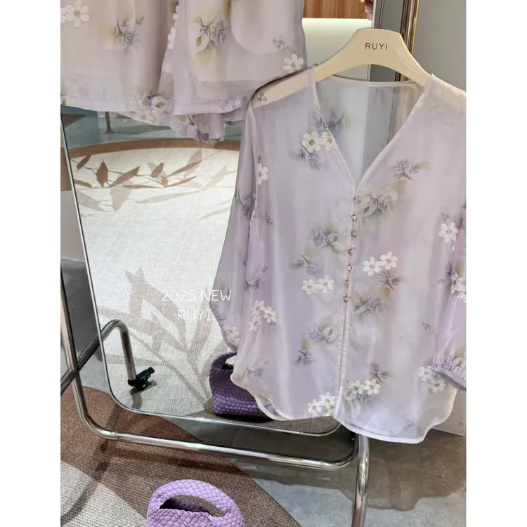 入艺881【Y I汉白玉紫】 宽松慵懒刺绣中式女士衬衫短裤-RY2530523