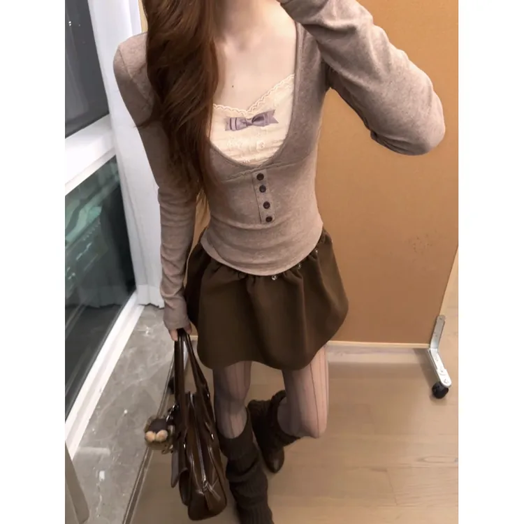 假两件蕾丝拼接长袖t恤女秋冬纯欲风修身内搭T恤上衣 61316