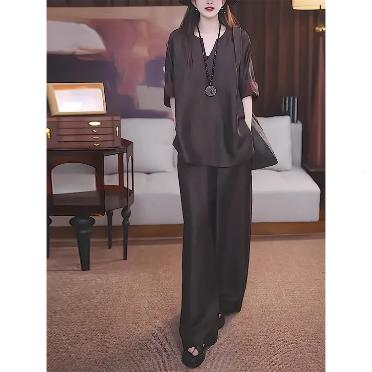 新中式国风休闲套装女2025夏慵懒风薄款套头半袖上衣休闲裤两件套