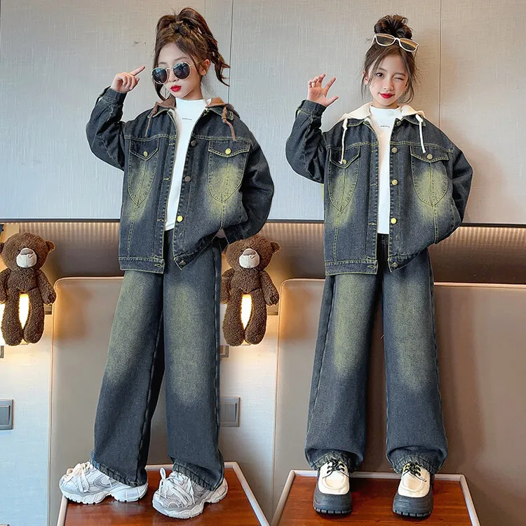 休闲牛仔加绒套装2024秋冬季新款中大童儿童韩版加厚洋气两件套潮