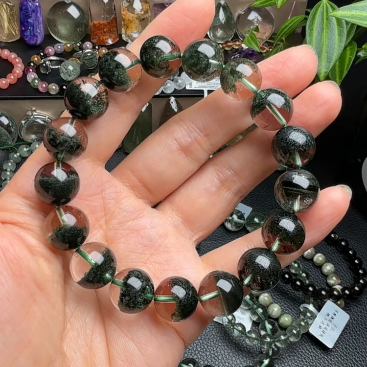 巴西天然墨绿毕业级绿幽灵聚宝盆半盆金字塔水晶手链手串12.5mm48