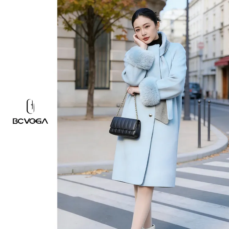 韩版减龄冬季绵羊毛双面毛呢中长款大衣外套拼接围巾领袖口可拆