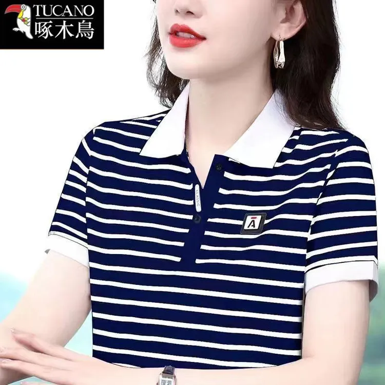 啄木鸟正品短袖纽扣翻领T恤2025年新款夏季女士减龄宽松条纹上衣
