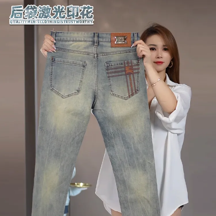 男士牛仔裤秋冬季修身小直筒高级感后袋激光烧花设计感长裤子男款