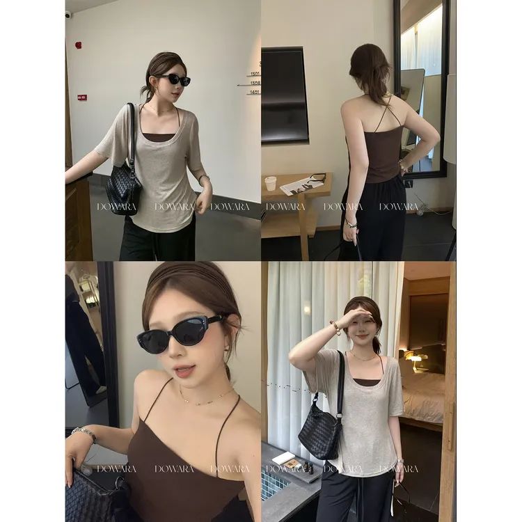 现货大婉酱微胖定制【棕阈】高级感短袖T恤独特别致叠穿两件套9517D