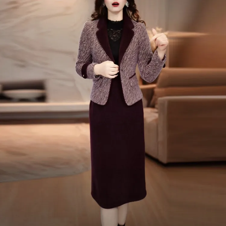 贵妃绒加厚保暖套装裙2025秋冬季新款高级感小香风两件套连衣裙子