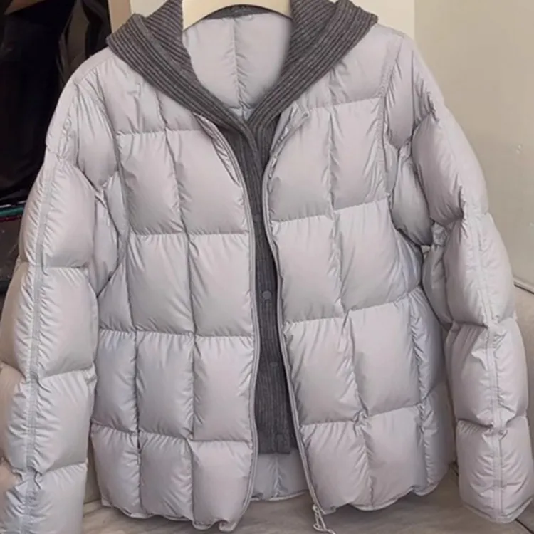 针织连帽宽松羽绒服女冬季2025新款显瘦假两件加厚保暖鸭绒外套