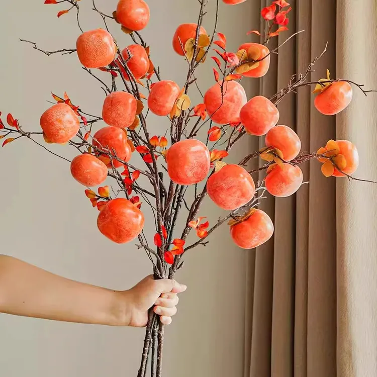 仿真柿子果实花枝树枝柿柿如意插花摆件高档年宵花束客厅装饰干花
