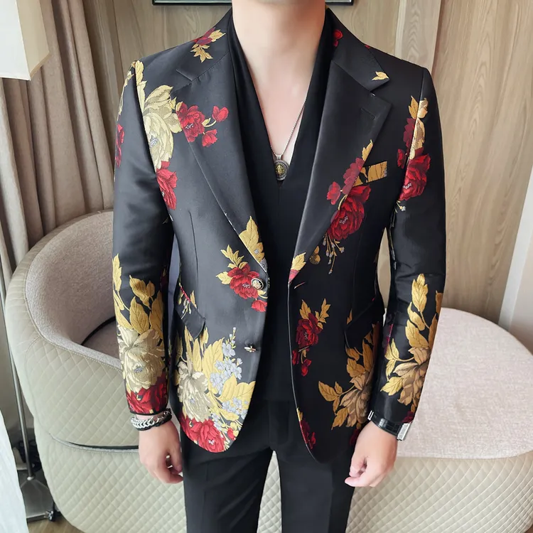 猎撒休闲刺绣西装男士2025秋季新款韩版修身单西服便西痞帅花外套