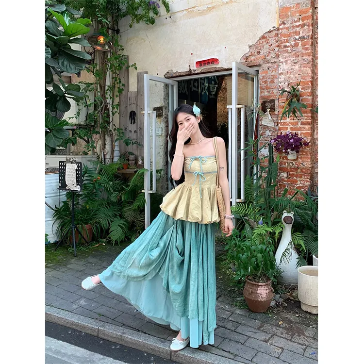 多巴胺早春衣服撞色蝴蝶结抹胸背心漂亮独特不规则小众半身裙女