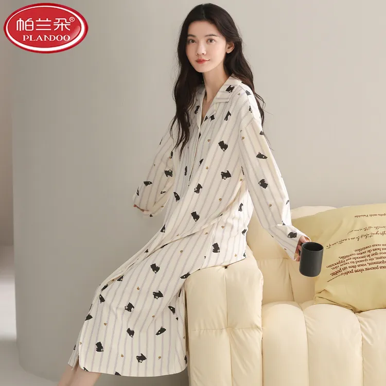 帕兰朵100%纯棉春秋季长袖开衫睡裙柔软亲肤女士睡衣宽松休闲居家
