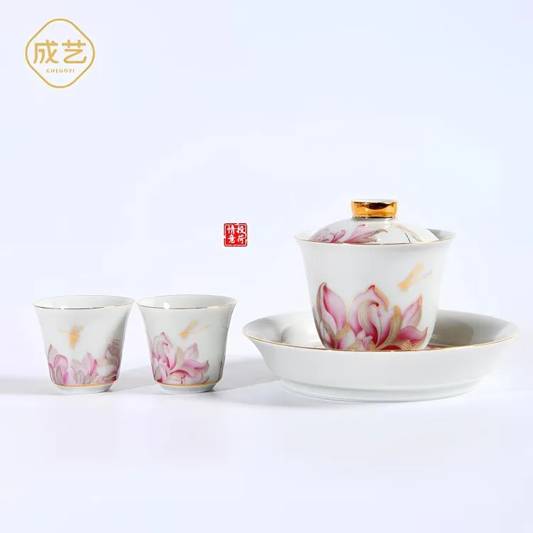 成艺情投意荷三才盖碗4入手工茶具轻奢茶杯陶瓷珐琅彩白瓷中式