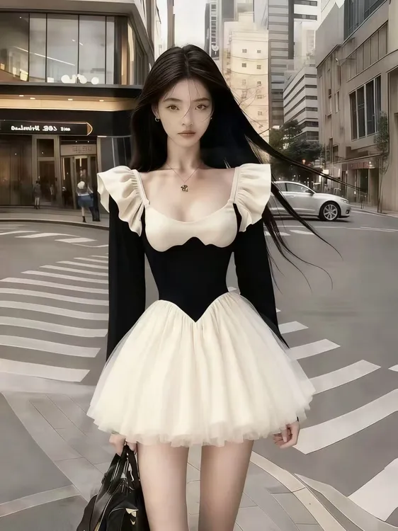 优雅气质名媛温婉千金风长袖裙子撞色U领飞飞袖网纱蓬蓬裙连衣裙