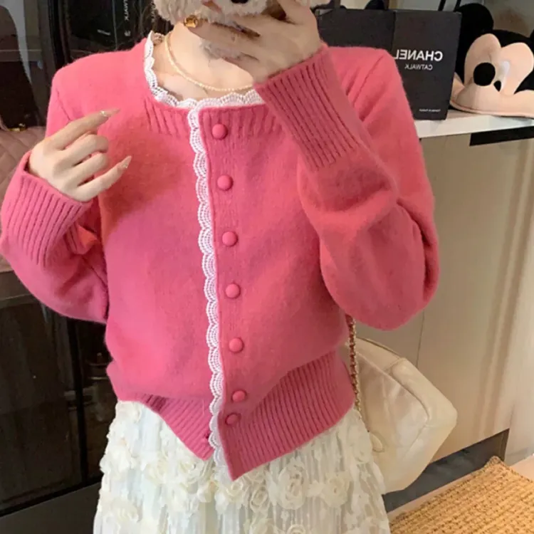 竹蕾丝花边方领毛衣外套女秋冬韩系甜美针织开衫