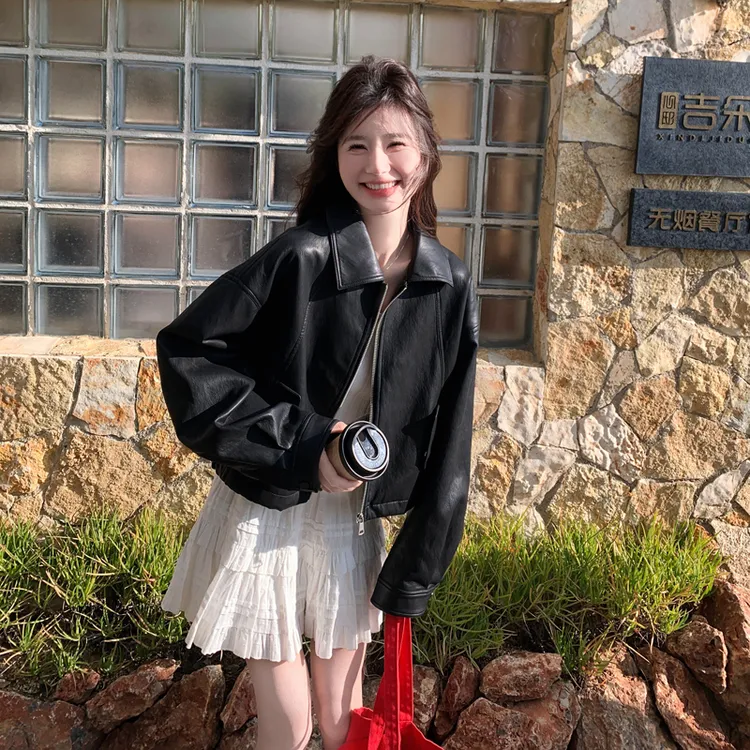 黑色酷飒街头风气质短款皮衣外套女2025秋季翻领高级感机车服夹克
