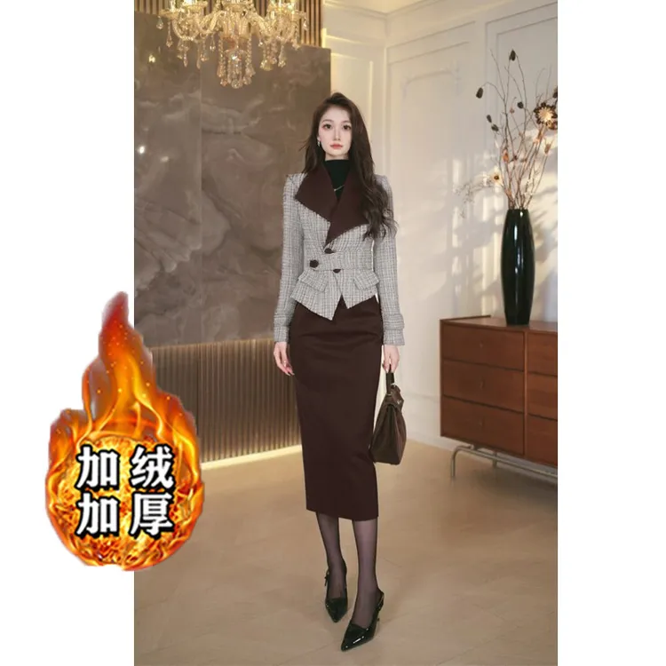 【加绒加厚】【两件套】【含腰带】复古翻领上衣+包臀裙套装女QJ0163