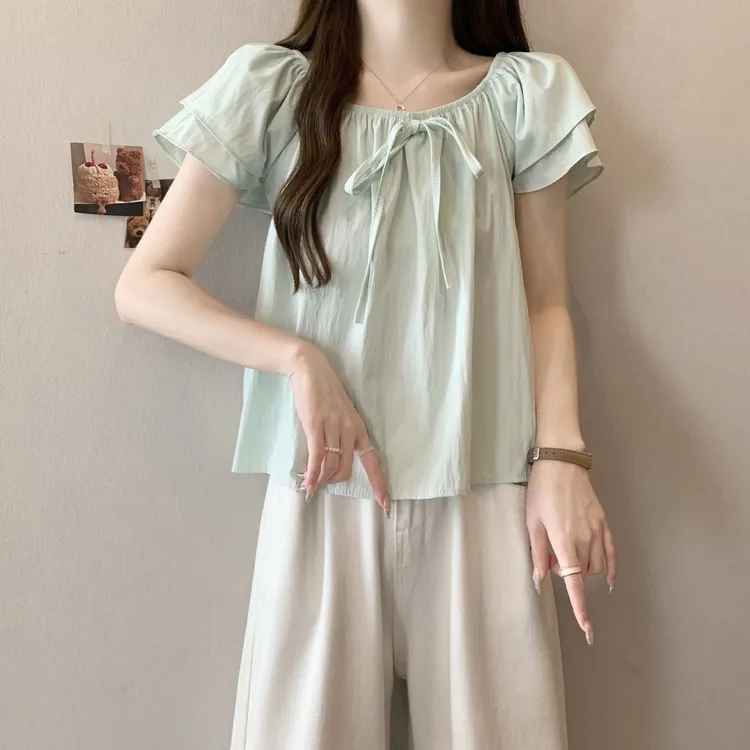 蝴蝶结系带宽松露肩短袖薄荷绿衬衫女夏季法式遮肉显瘦上衣