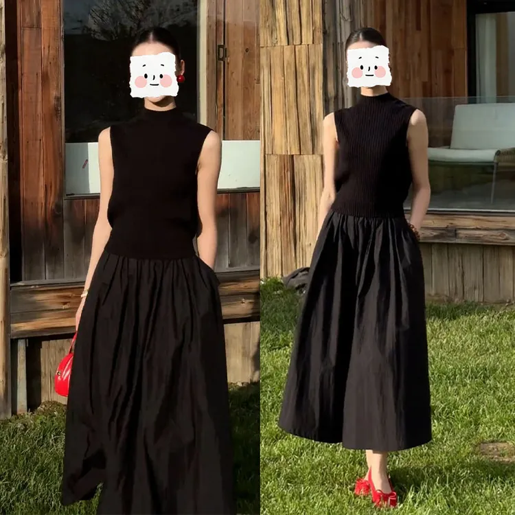 2025夏季新款法式半高领无袖百搭黑色上衣女高腰黑色半身裙两件套