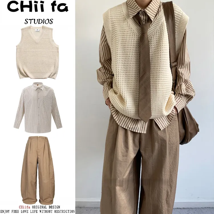 CHiifa 三件套/单件秋季日系针织马甲背心男女学院风无袖坎肩上衣