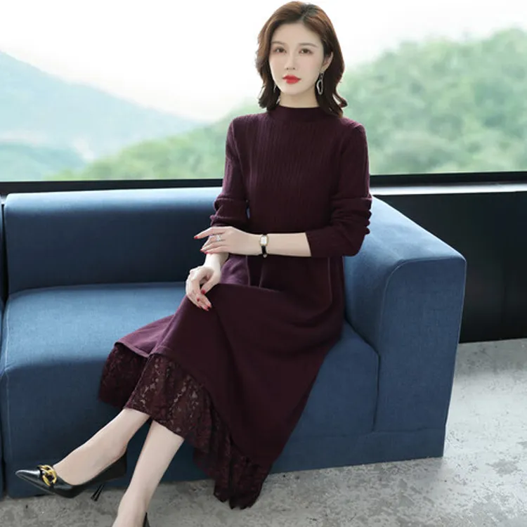 秋冬新款针织衫女长款宽松大码过膝连衣裙毛衣洋气妈妈套头打底衫