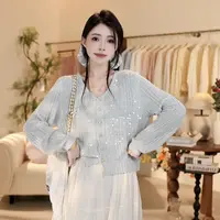 韩系高级感亮片V领套头针织衫2025春夏薄款简约百搭闪闪上衣305