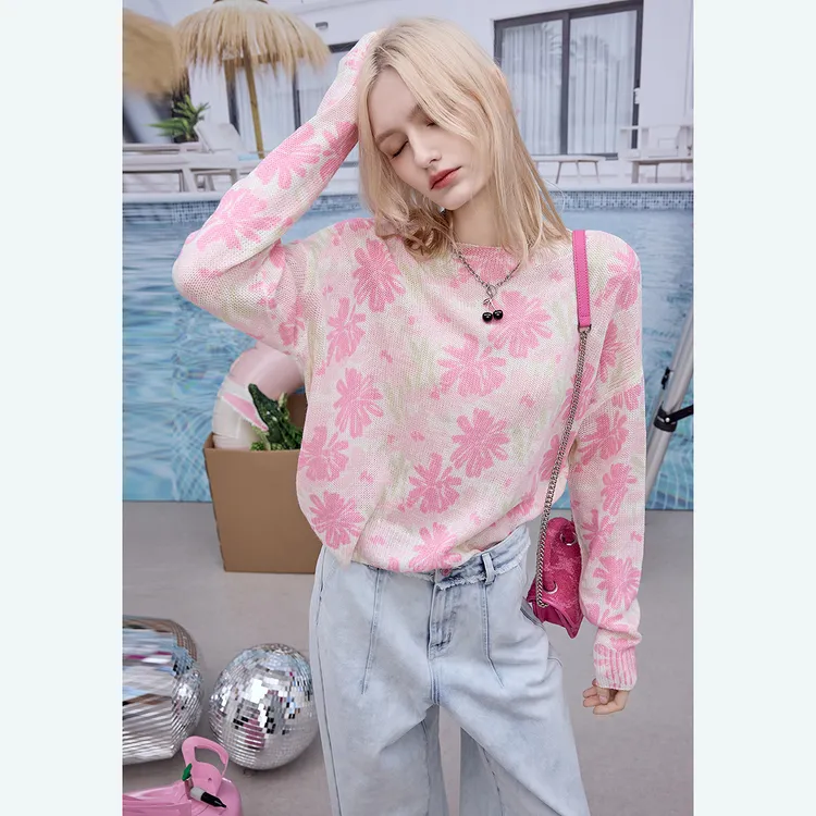 【26年春季】【新品尝鲜价】Juicy Couture橘滋花朵印花宽松圆领长袖针织衫女