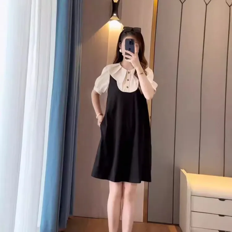 黑白色拼接大码夏季新款法式气质显瘦遮肚减龄娃娃领假两件连衣裙