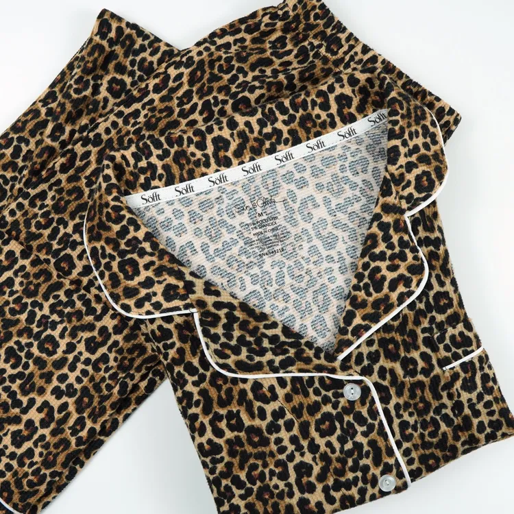 豹纹印花女士亲肤舒适睡衣长袖长裤宽松版型松紧腰春秋家居服套装