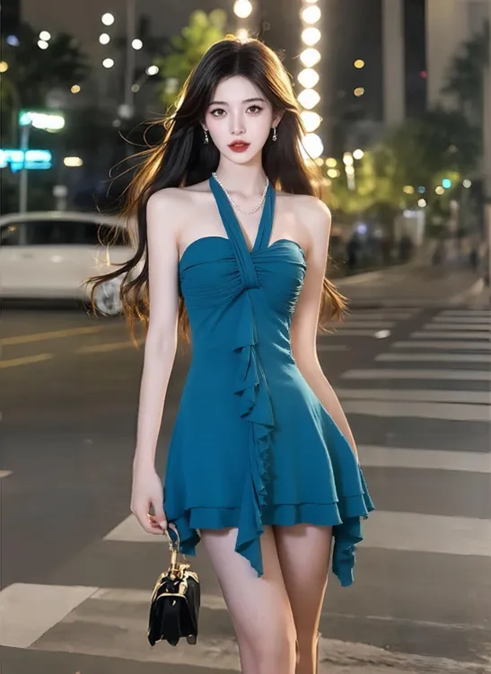 夏季2025新款别致设计感蓝色桃心领挂脖收腰连衣裙女小众气质高级