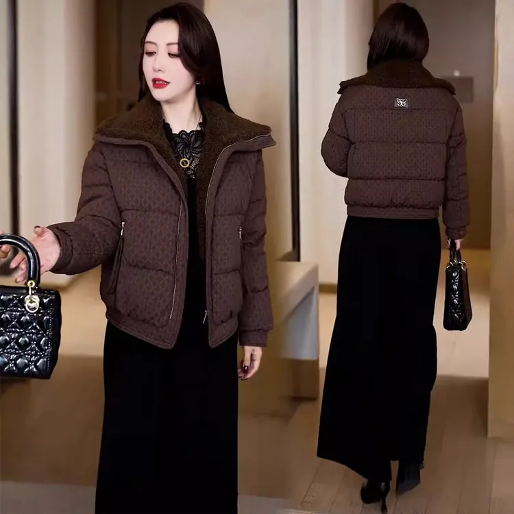 韩版时尚翻领棉服女冬季新款宽松显瘦羊羔毛领拼接菱格纹洋气棉服