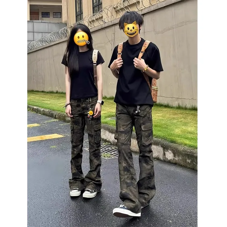 cleanfit迷彩工装牛仔裤男款夏季直筒微喇裤美式高街vibe伐木裤子