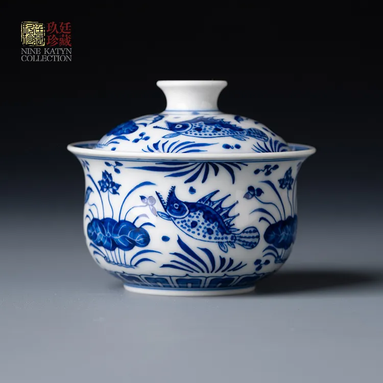 景德镇手绘青花鱼藻纹布袋盖碗全手工陶瓷功夫茶具泡茶碗中式复古