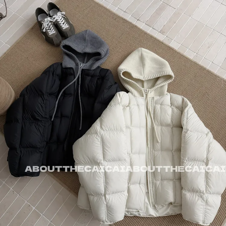 CAICAI【假俩件拼接】90白鸭绒针织连帽拼接泡芙羽绒服女轻装滑外套