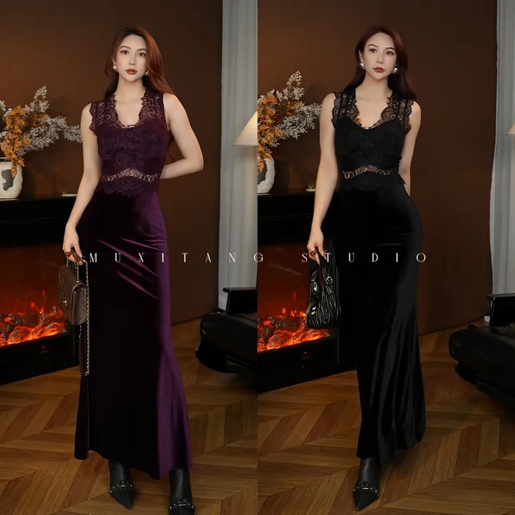 棠秋秋专属「葡萄可可」万人迷蕾丝镂空纯色紫色修身长款连衣裙时尚百搭打底