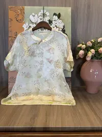 水如画【浅香】重工系列秋季新中式国风圆领气质减龄短袖衬衫上衣