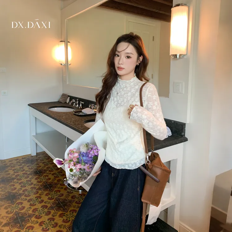 代大喜【云絮蕾丝】蕾丝休闲打底针织衫2025秋新款修身显瘦T恤上衣