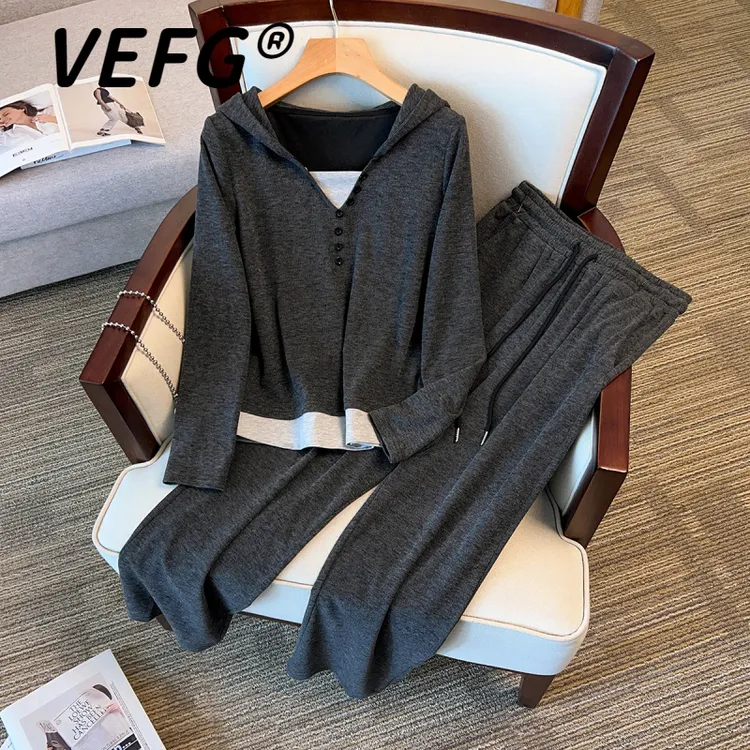 VEFG秋季休闲运动套装女微胖mm显瘦假两件卫衣上衣阔腿长裤两件套