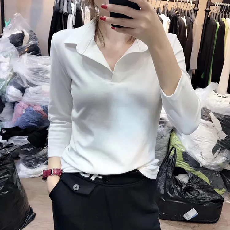 欧美ins女装秋2025新款修身polo衫叠穿打底衫内搭长袖v领上衣T恤
