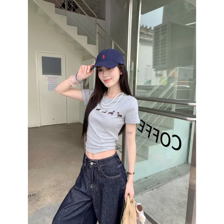 女款莫代尔美式牛仔风灰色设计感印花短袖恤女夏季短款露脐上衣