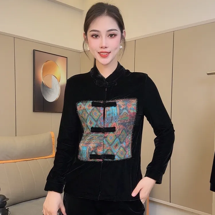 971设计师原创高端品质丝绒拼接新中式国风女神小衫休闲时尚秋季