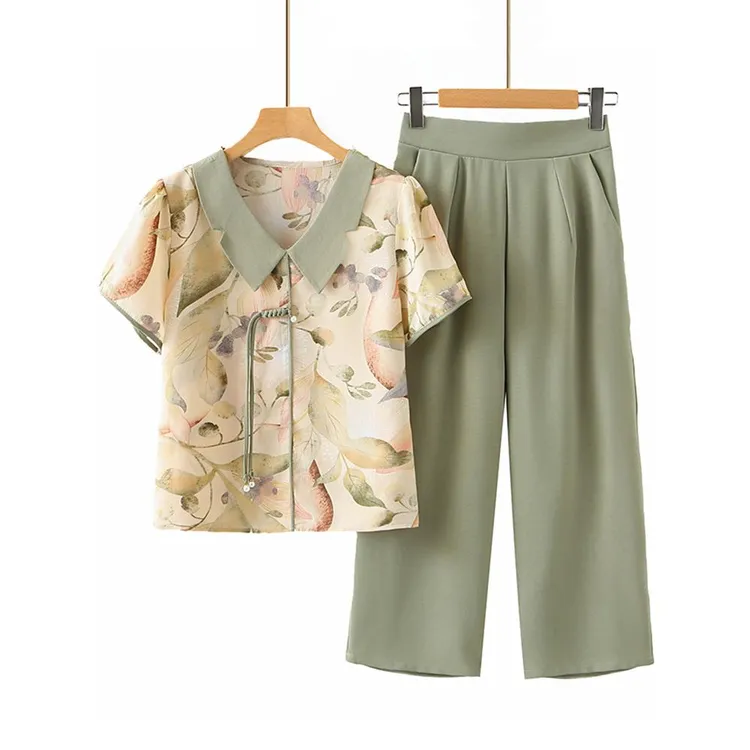 中年妈妈夏季套装时尚洋气雪纺短袖2025新款减龄T恤衫两件套上衣