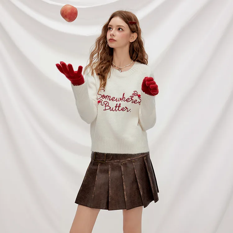 UNIFREE白色套头毛衣字母刺绣秋冬新款保暖复古撞色简约打底上衣