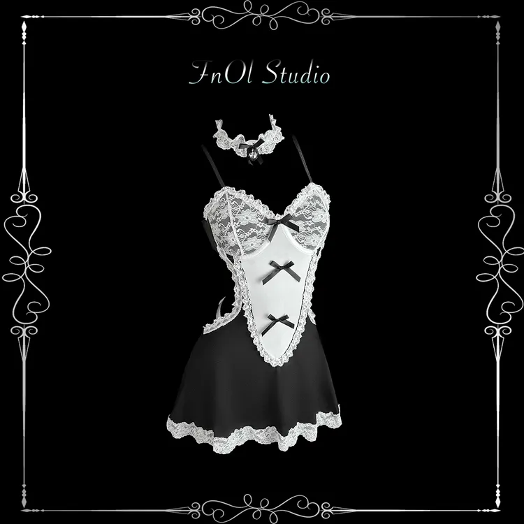 「FnOl Studio」心动情书 黑色蕾丝纯欲约会战袍性感内衣睡裙套装女