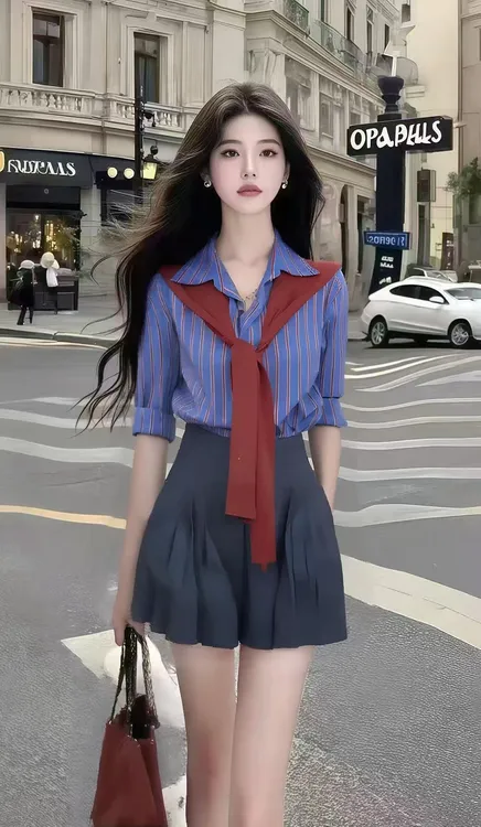 新款时尚高级气质甜美风蓝色条纹翻领单排扣上衣+高腰半身裙套装