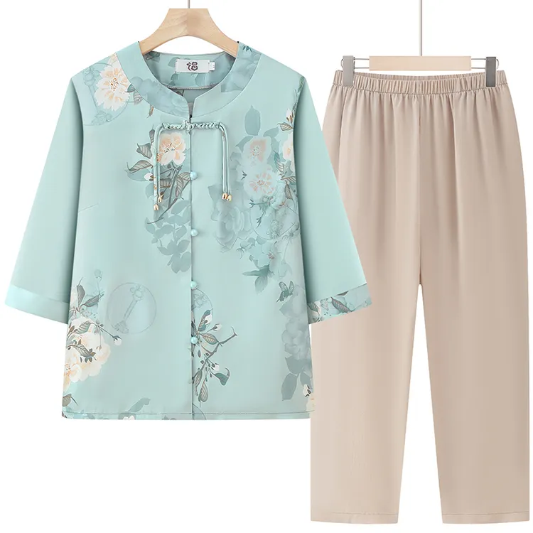 中老年女装夏季薄款套装妈妈装开衫上衣宽松老人衣服奶奶装两件套