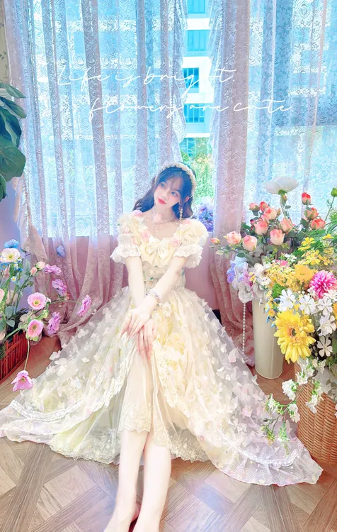 80黄亦玫黄玫瑰高定盘花玫瑰花朵刺绣纱花花朵长款大裙摆公主长裙