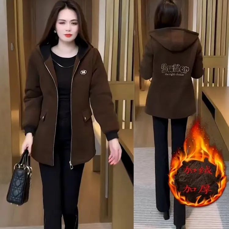 2025休闲时尚气质女新款宽松中长款显瘦遮肚百搭加绒加厚外套上衣